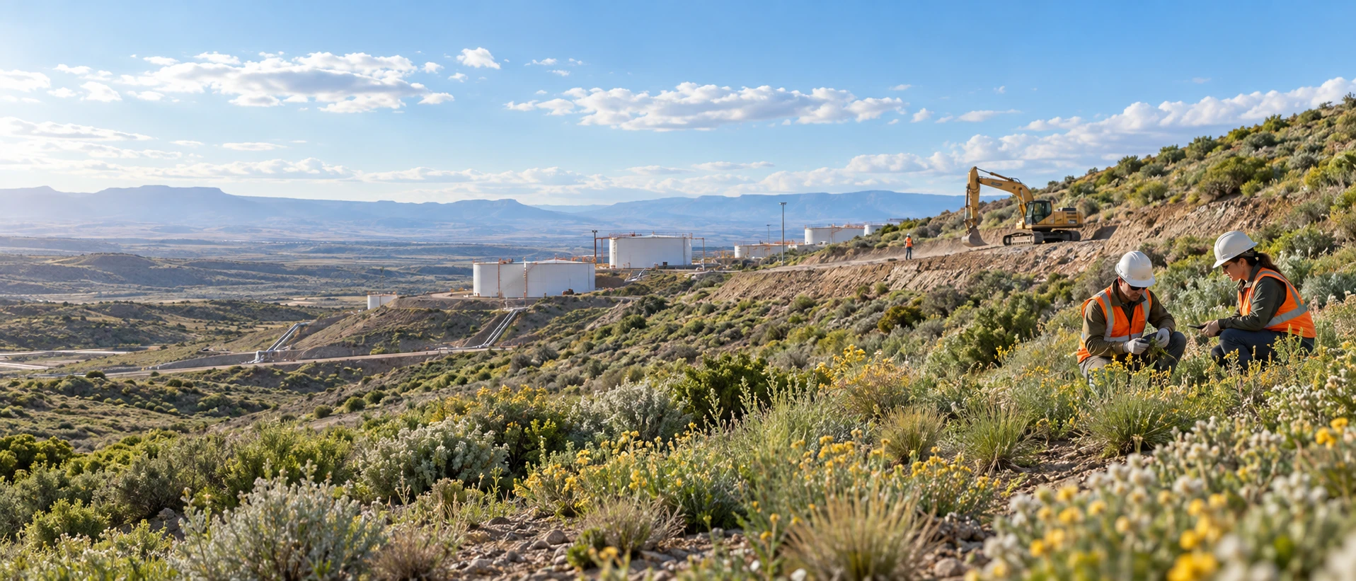Profesionales relevando la vegetación en una ladera restaurada, con instalaciones industriales y maquinaria al fondo