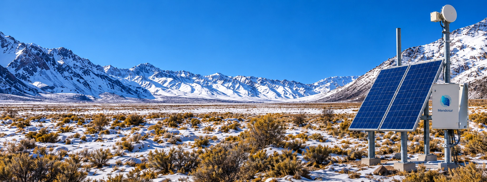 Estación de telecomunicaciones con panel solar frente a la cordillera nevada